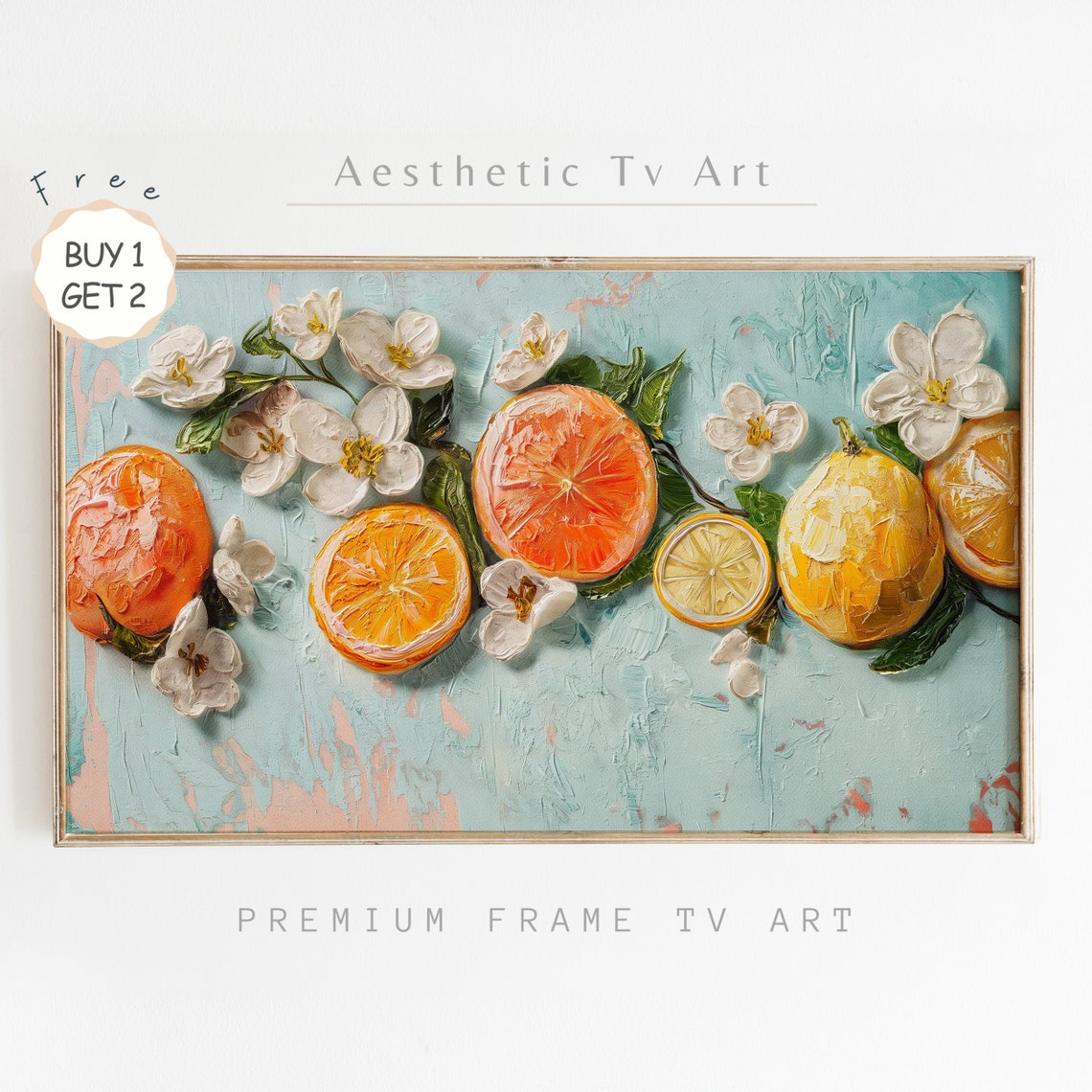 Citrus Orange Lemon Blossom Textured Impasto Mint Blue Summer Poster