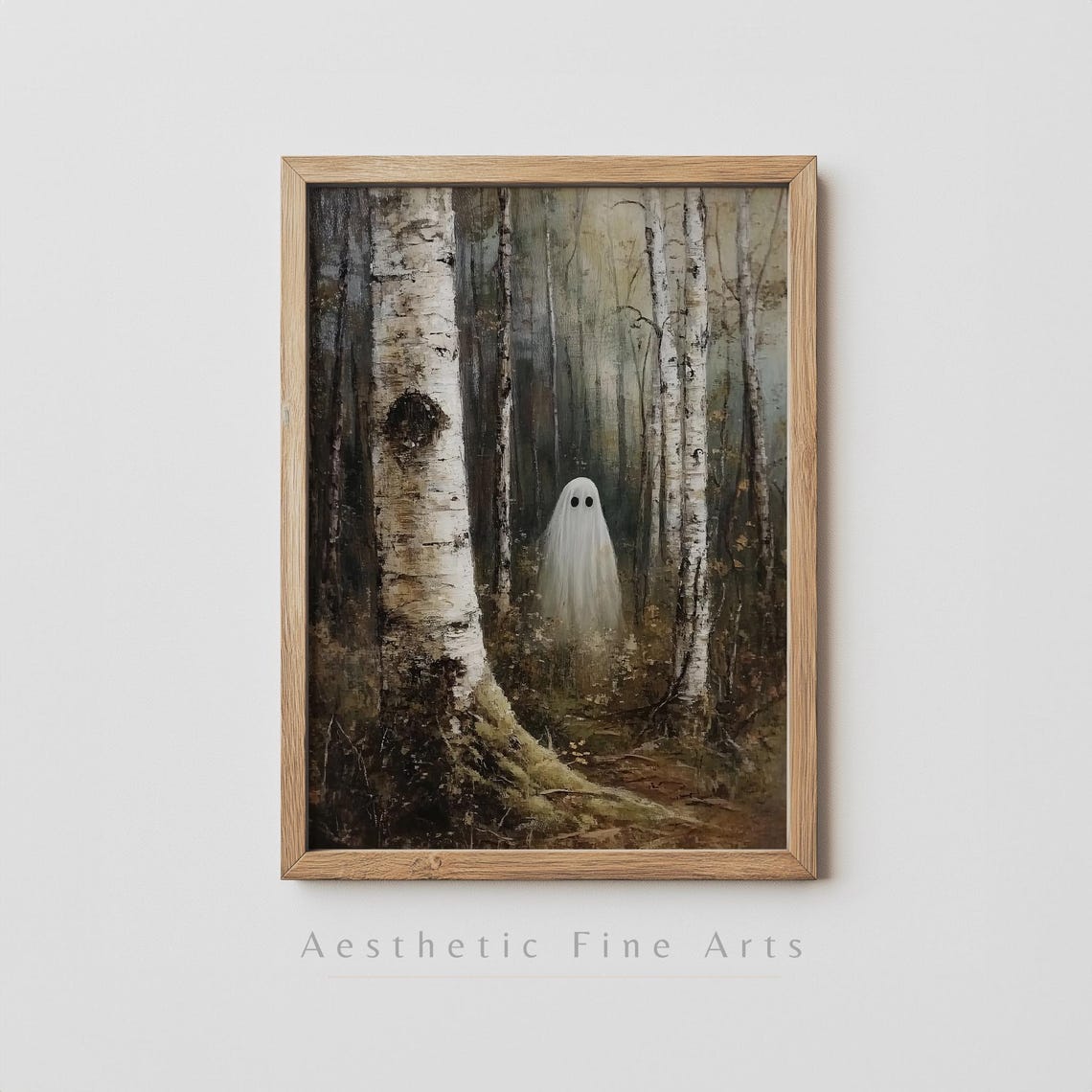 Cute Ghost Among Misty Birch Trees In Autumn Forest Halloween Poster