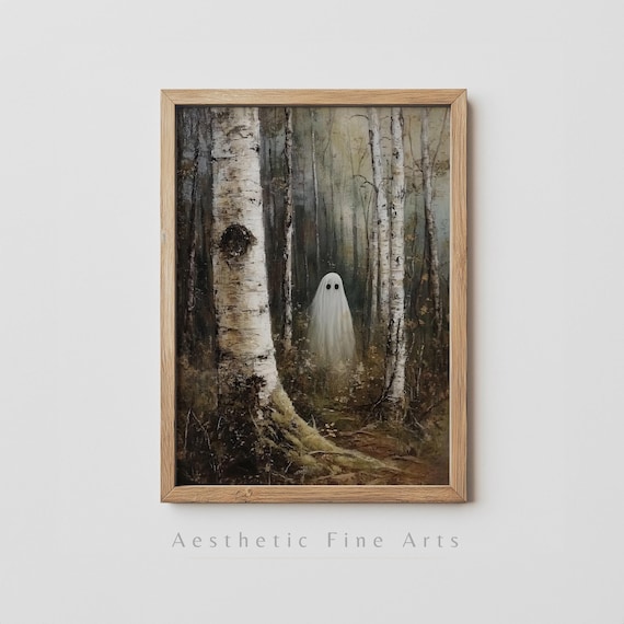 Cute Ghost Among Misty Birch Trees In Autumn Forest Halloween Poster