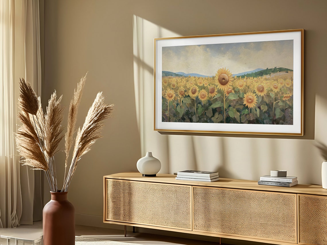 Sunflowers Frame Tv Art Sunflowers Field Landscape Vintage Country Field Oil Painting Farmhouse Decor Frame Tv Art - Image 3