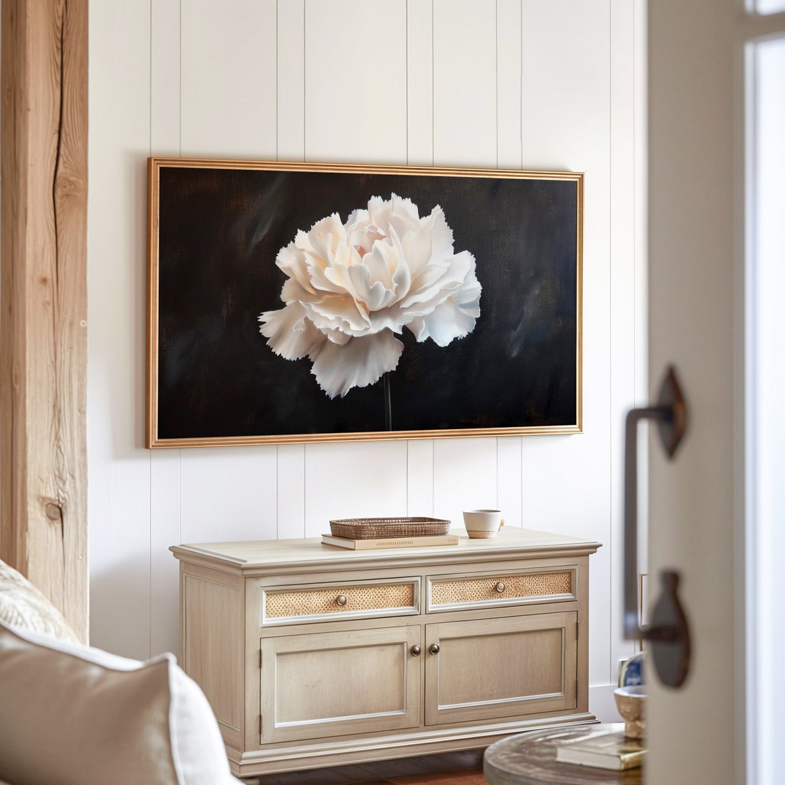 White Carnation Black Background Dark Moody Floral Oil Poster - Image 3
