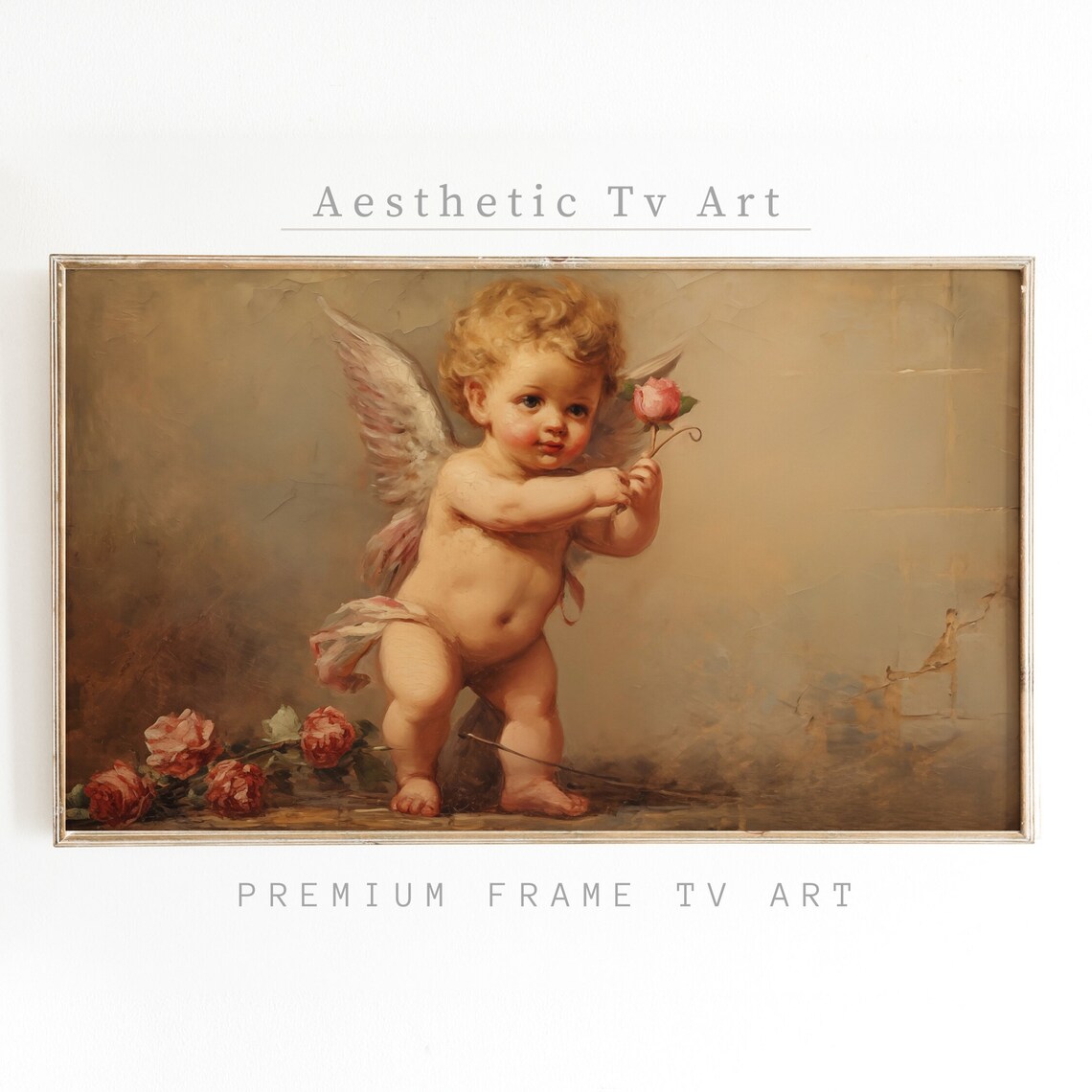 Vintage Cherub Holding Pink Rose Classical Angel Oil Painting Art