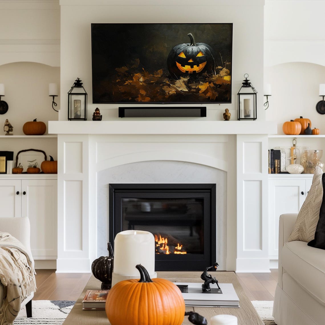 Black Jack-O-Lantern Pumpkin Glowing Moody Dark Halloween TV Art - Image 2