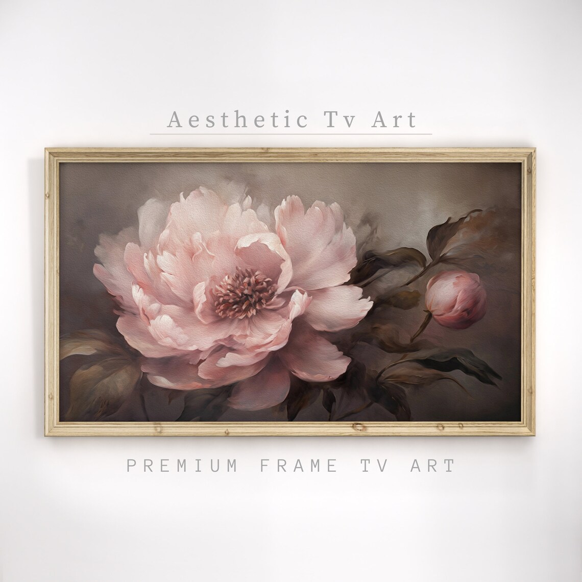Moody Blush Pink Peony Bloom Dark Floral Still Life Oil Poster - Image 3