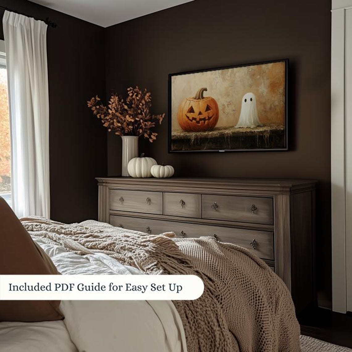Jack-O-Lantern Pumpkin and Cute Ghost Rustic Halloween TV Art Poster - Image 2