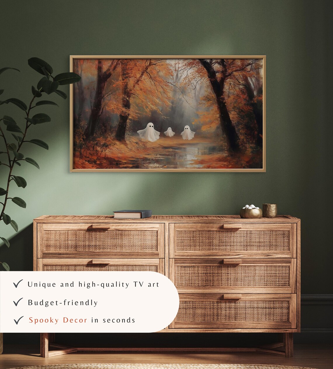 Cute Ghost Family on Autumn Forest Path Fall Halloween TV Art - Image 3