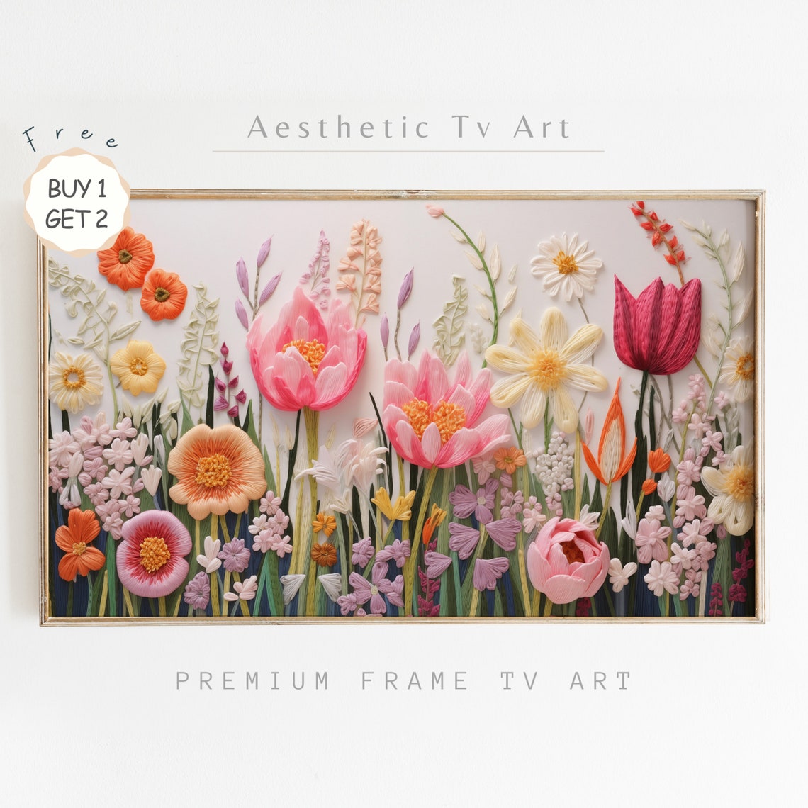 Embroidered Pink Peonies Tulips Textured Spring Flower Art Poster