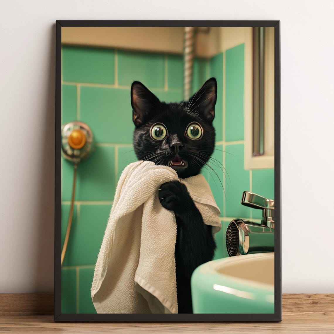 Funny Black Cat Drying With Towel Retro Mint Bathroom Art Print