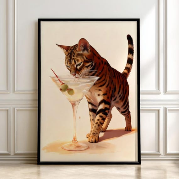 Cheeky Bengal Cat Drinking Martini Glass Funny Cocktail Poster