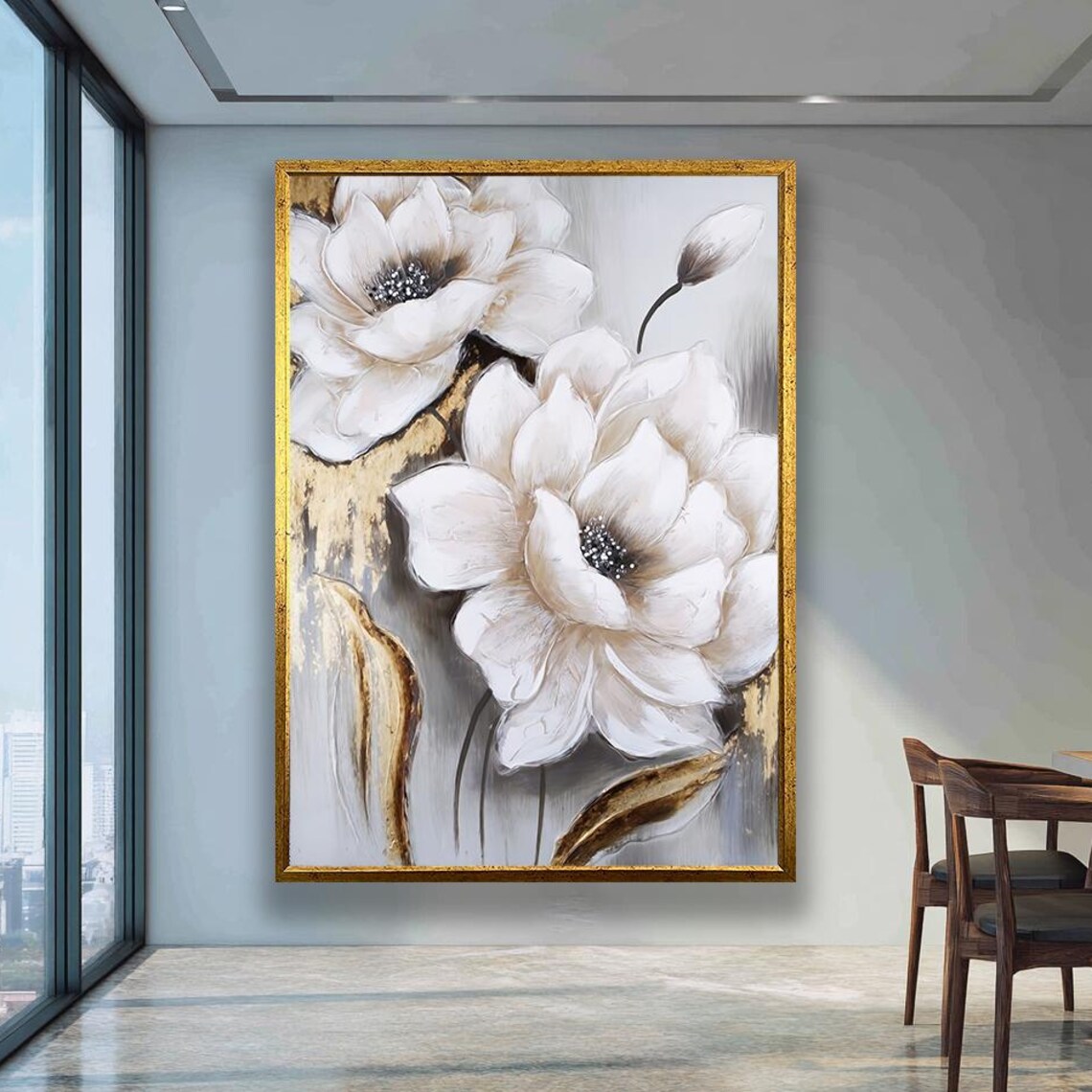 White Magnolia Flowers Gold Leaf Modern Floral Oil Painting Poster