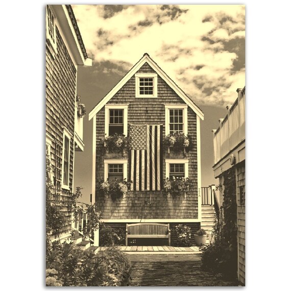 Provincetown Cape Cod Shingle House Flag Sepia Coastal Photo Poster