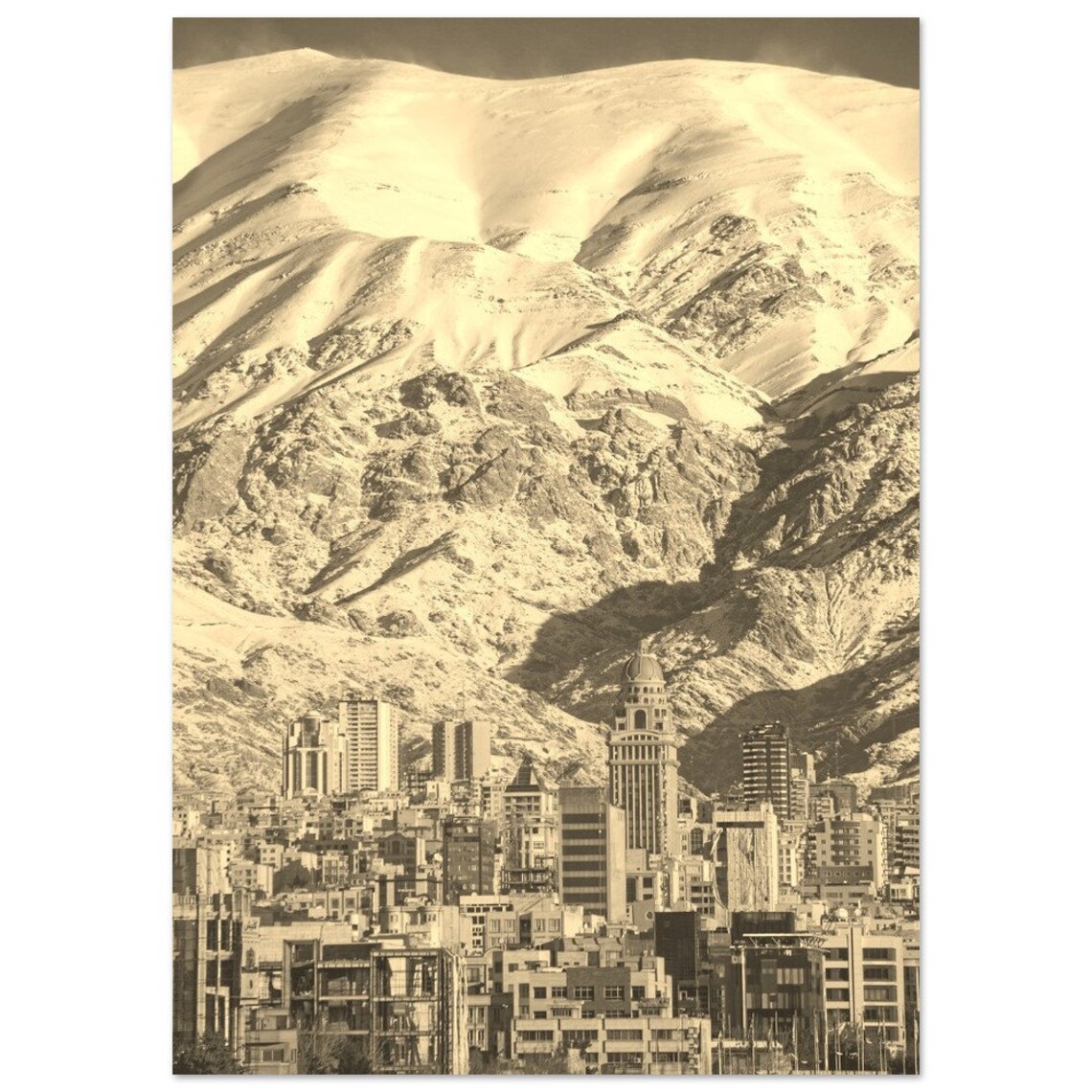 Tehran Iran Vintage Sepia Snowy Mountain City Skyline Travel Poster