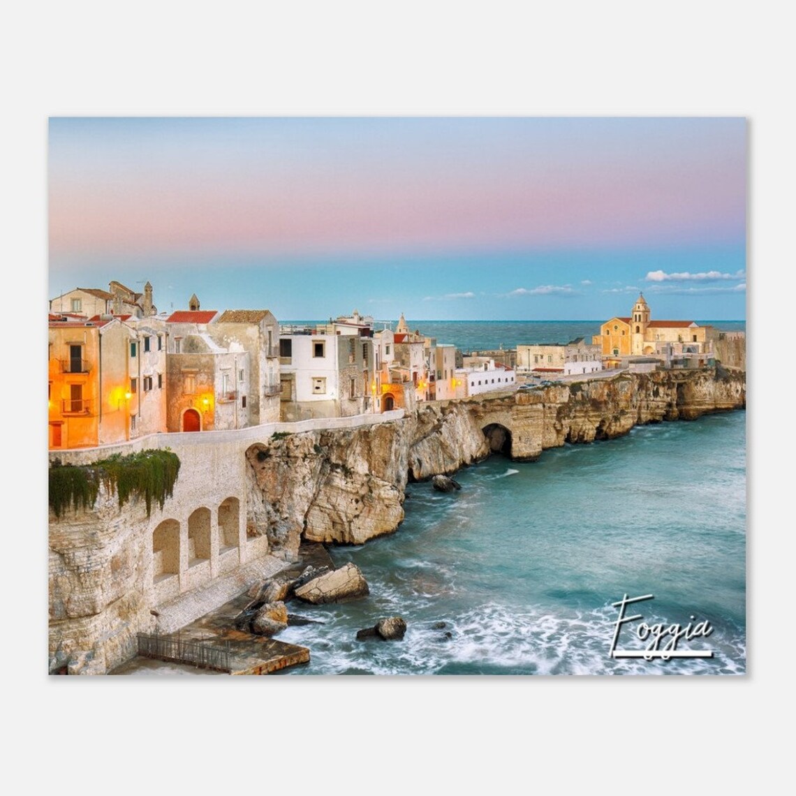 Foggia Italy Coastal Cliff Town Sunset Sea Mediterranean Travel Poster