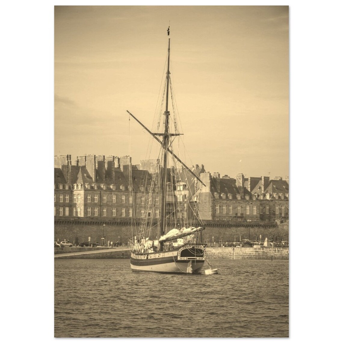 Vintage Saint-Malo France Tall Ship Harbor Sepia Coastal Poster