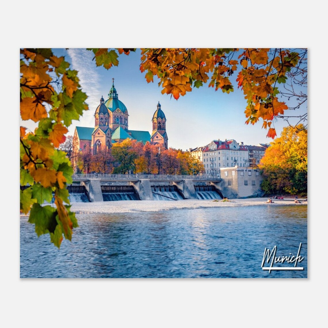 Munich Isar River Weir Autumn Church Bavaria Travel Photo Poster