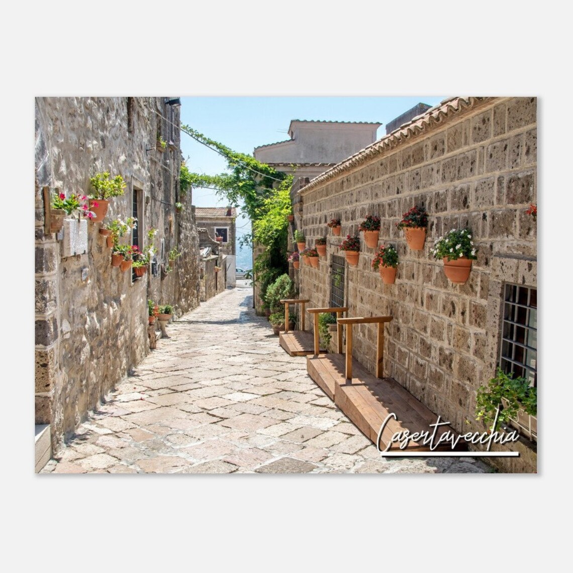 Casertavecchia Italy Old Stone Street Flower Pots Travel Poster