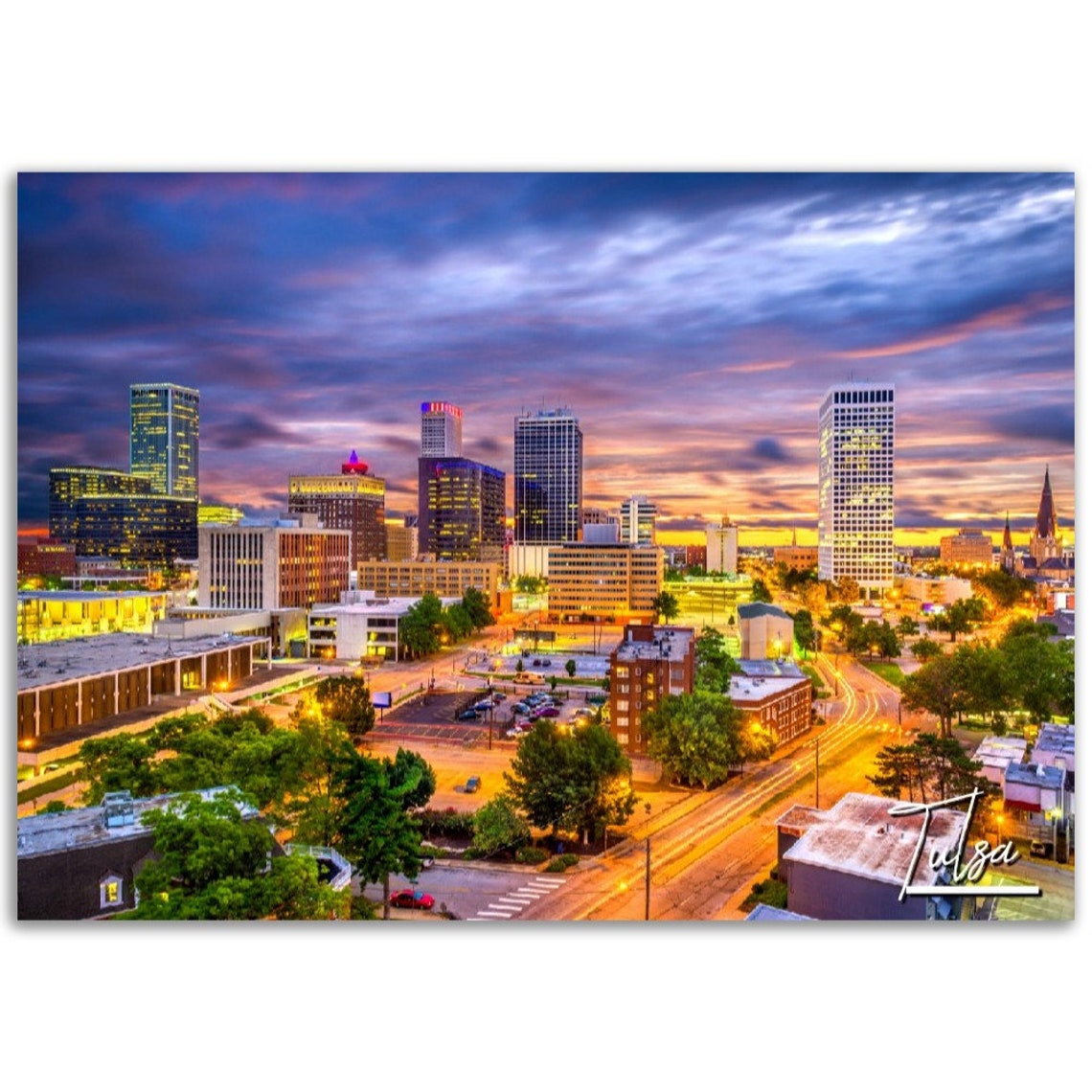 Tulsa Oklahoma Skyline Poster Print Sunset Cityscape Wall Art