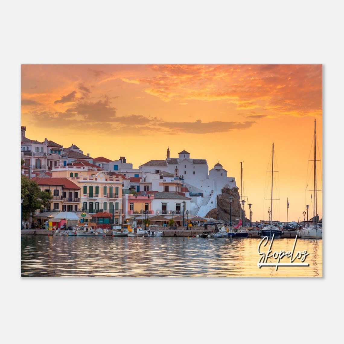 Skopelos Greece Sunset Poster with Harbor Town Waterfront View