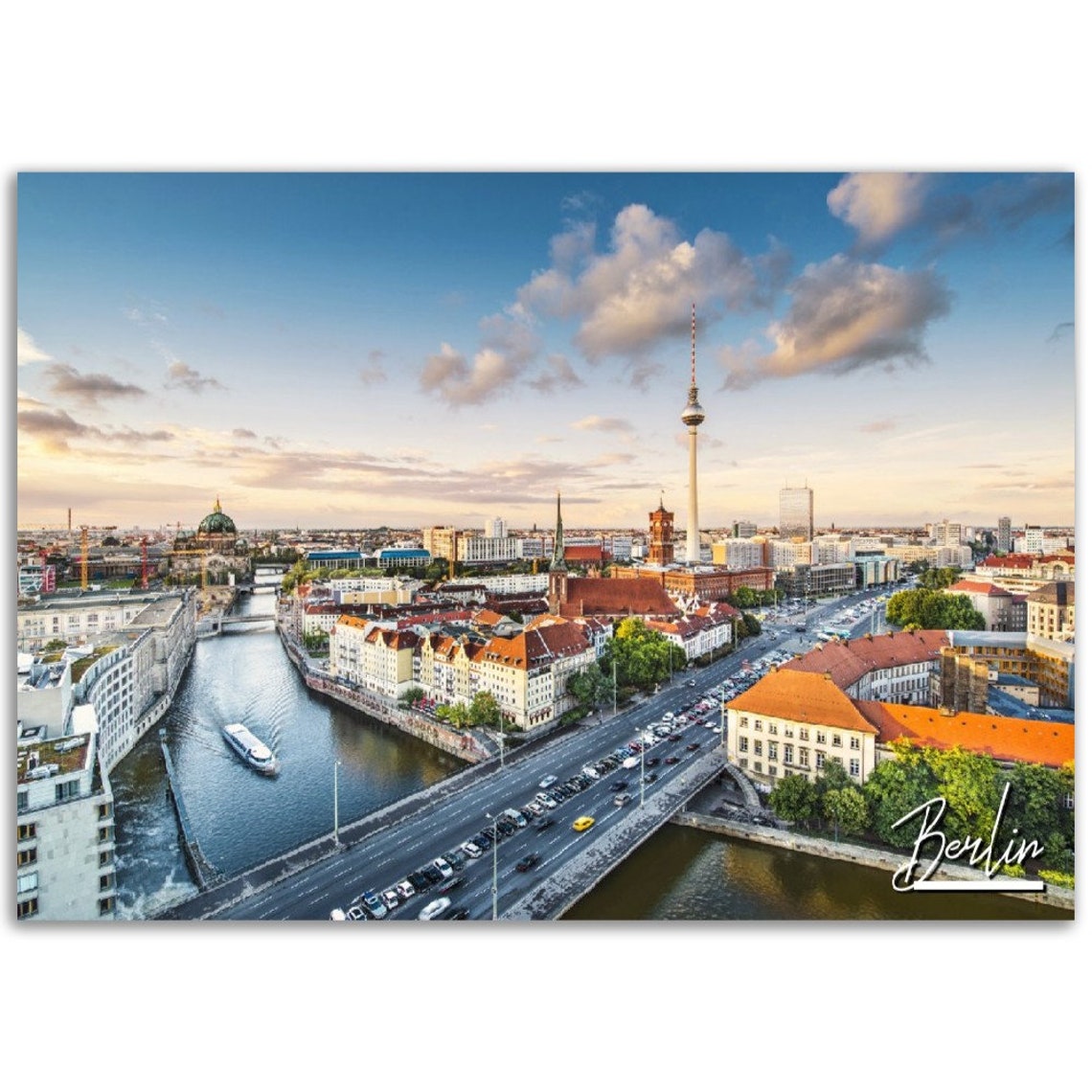 Berlin Germany TV Tower Spree River Sunset Skyline Travel Poster