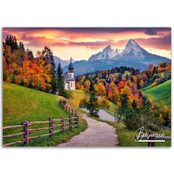 Bavaria Autumn Alpine Church Mountain Sunset Germany Travel Poster