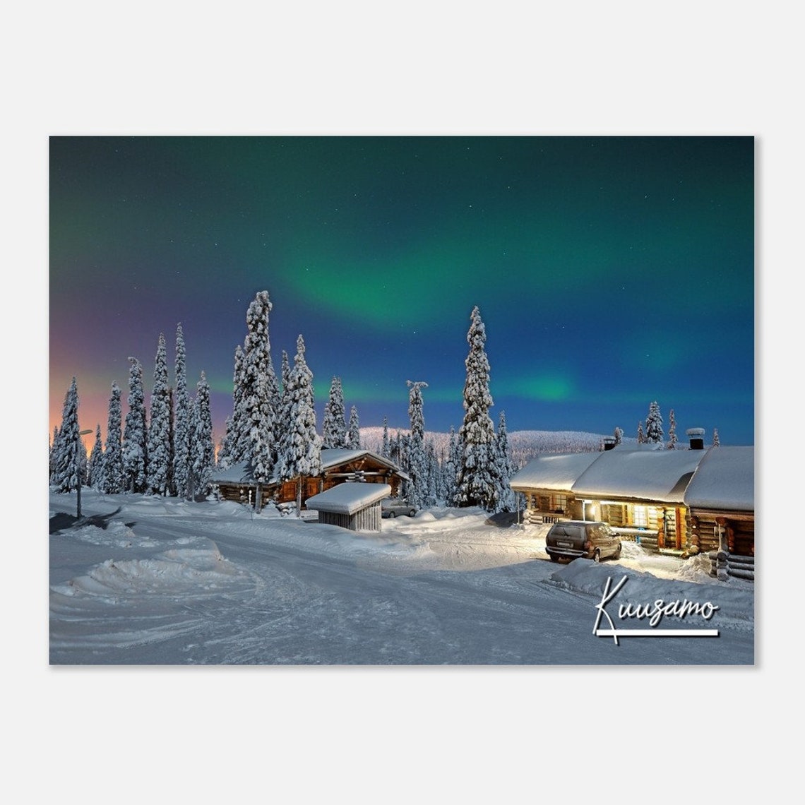 Kuusamo Finland Northern Lights Snowy Cabins Night Sky Poster