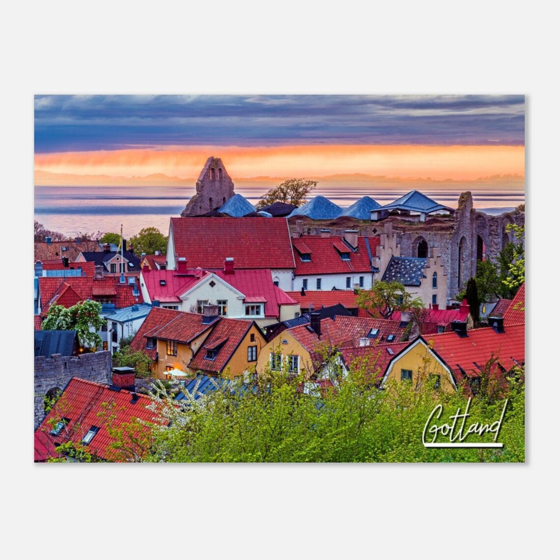 Gotland Sweden Sunset Cityscape Church Ruin Coastal Travel Poster