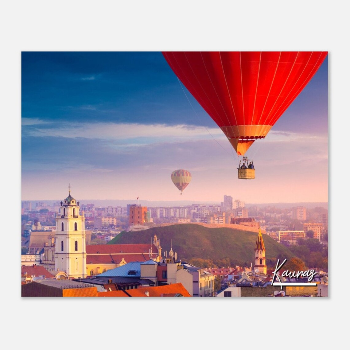 Kaunas Lithuania Hot Air Balloons Old Town Castle Sunset Poster