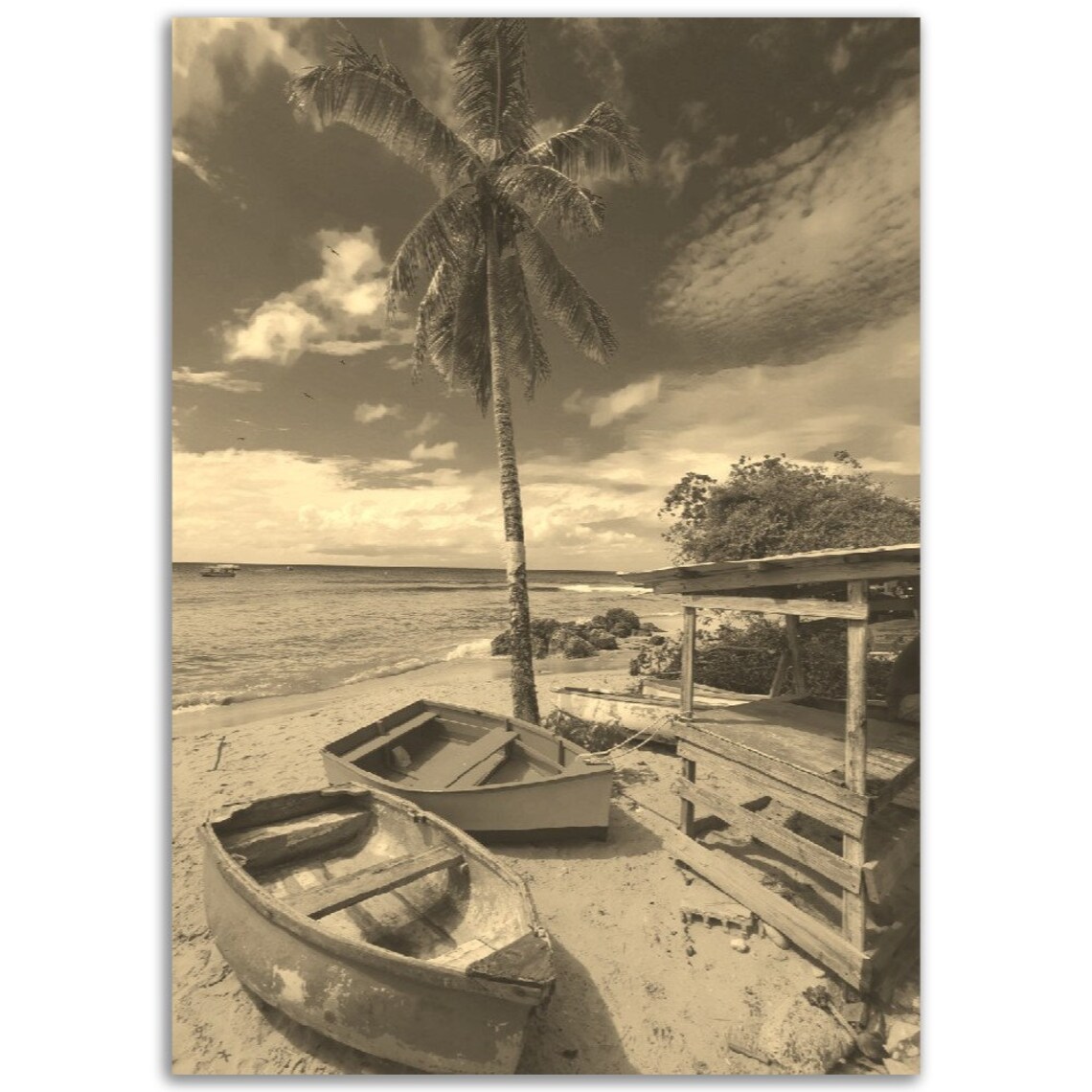 Vintage Barbados Beach Poster, Sepia Tropical Photo