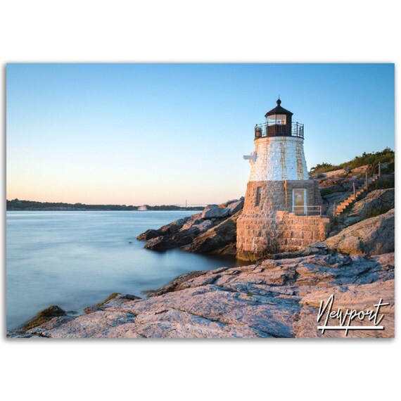 Newport Lighthouse Coastal Sunset Rocky Shore Travel Photo Poster