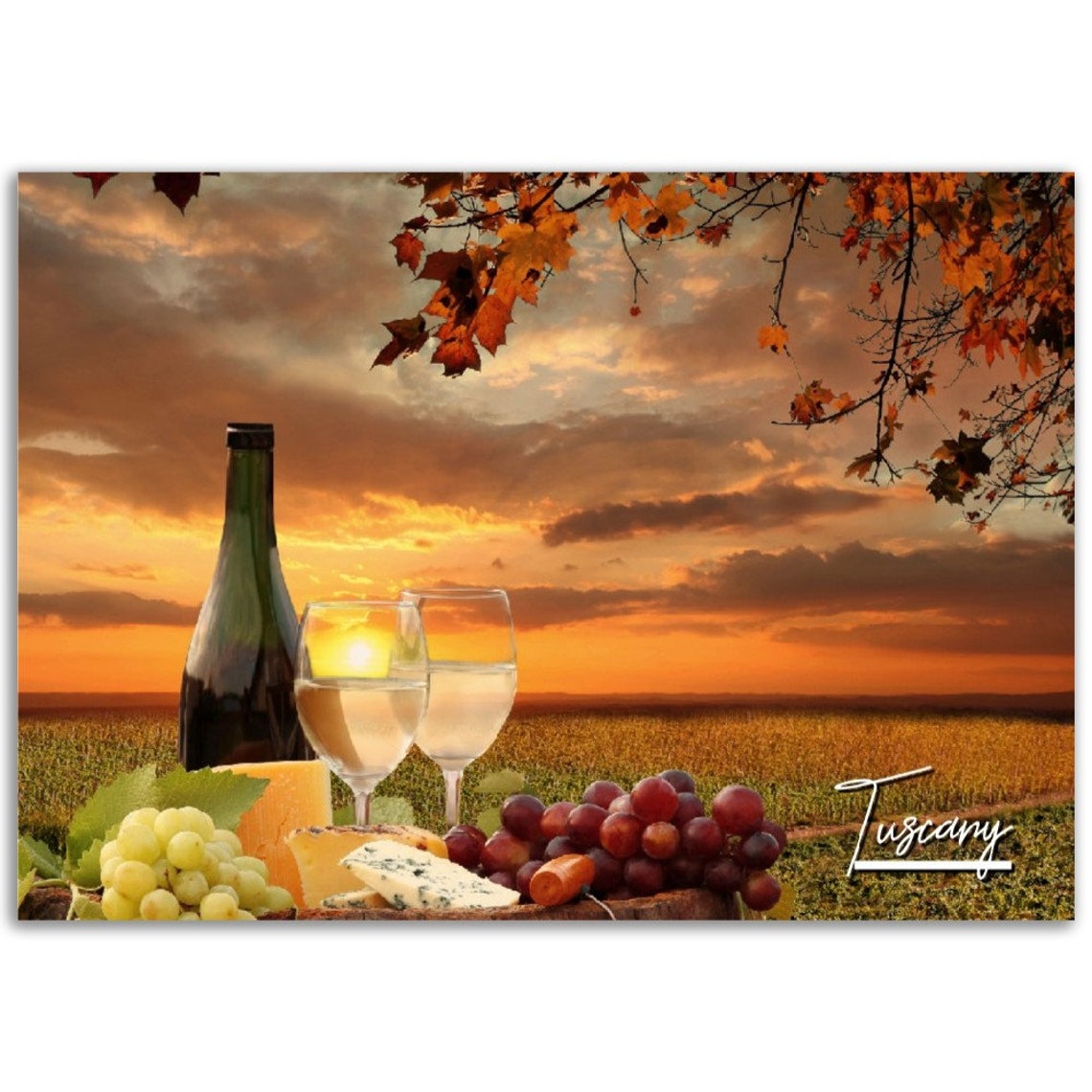Tuscany Sunset Vineyard Wine Cheese Grapes Golden Hour Poster