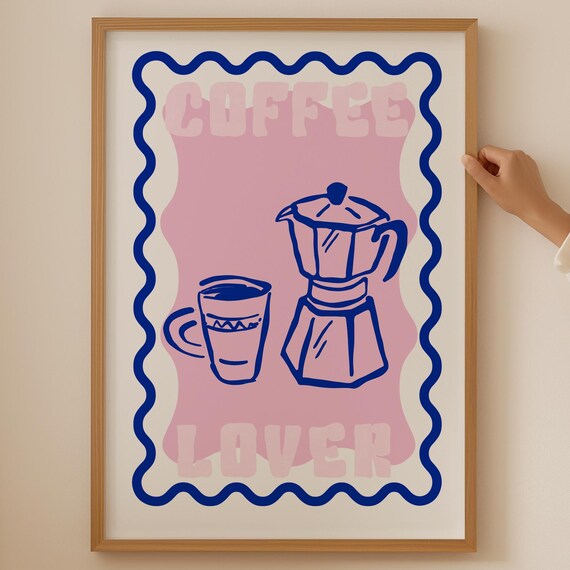 Pink Coffee Lover Moka Pot Retro Illustration Kitchen Poster