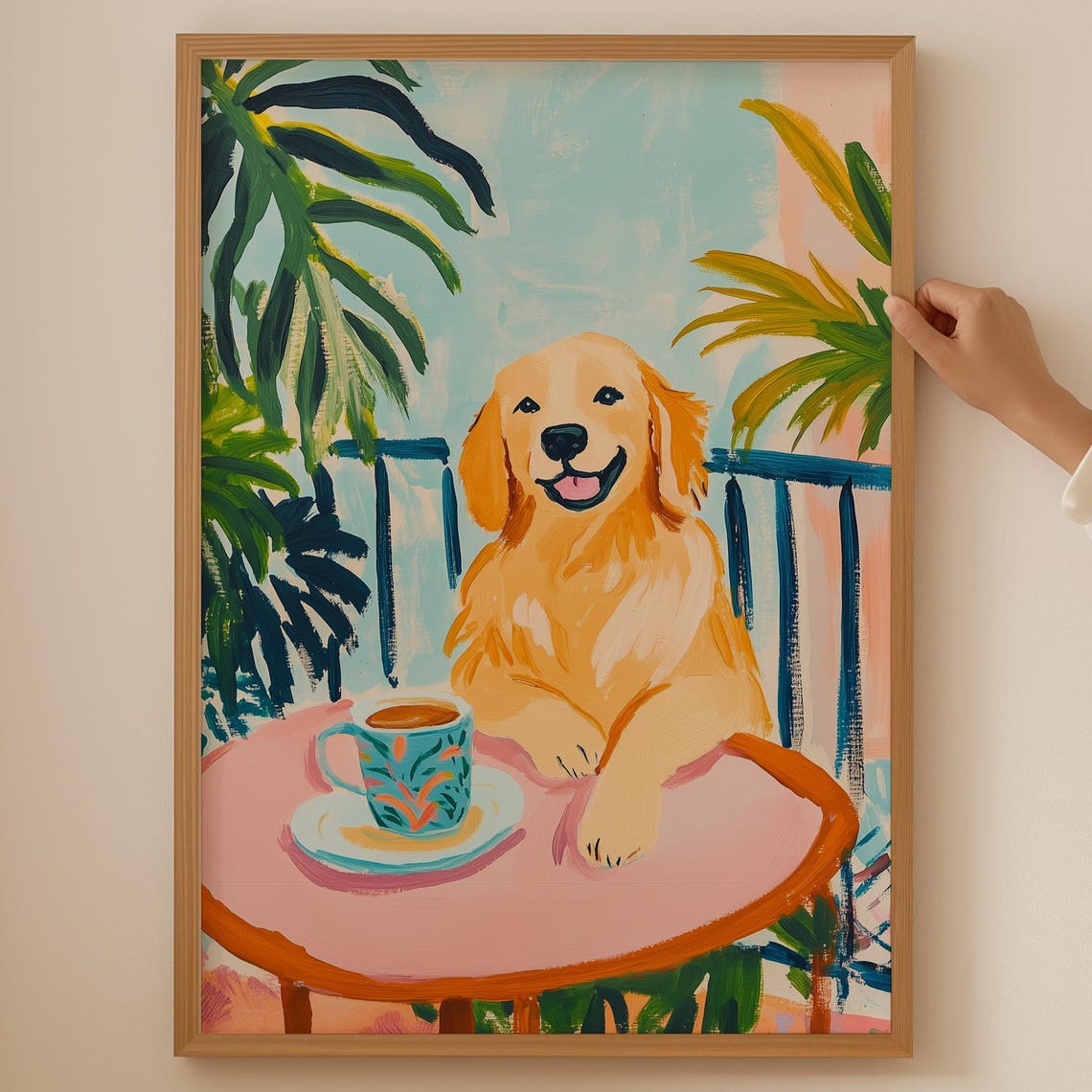 Golden Retriever With Coffee On Pink Table Palm Cafe Art Poster