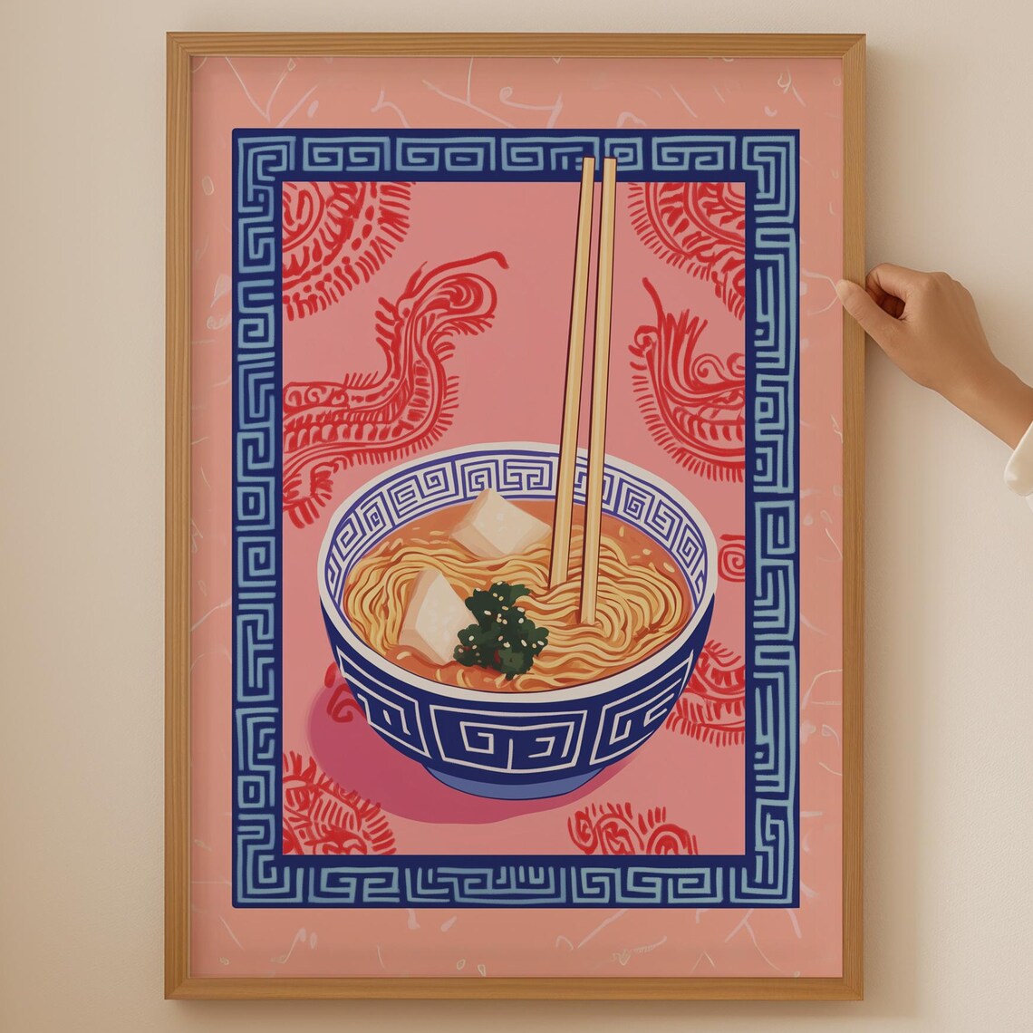 Ramen Noodle Bowl Tofu Greens Dragon Border Pink Retro Japanese Art Poster