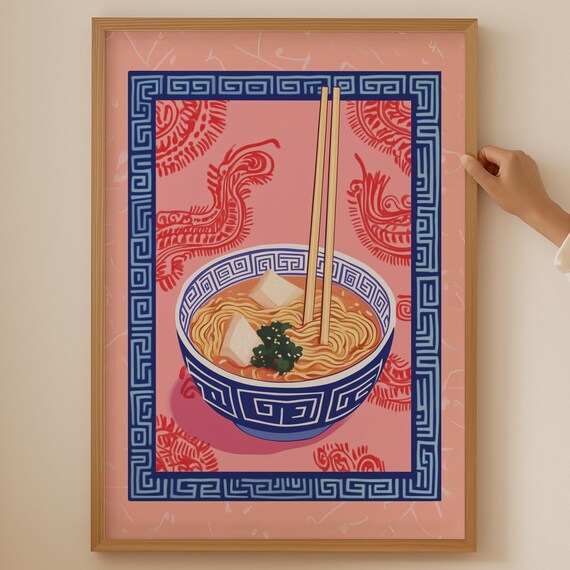 Ramen Noodle Bowl Tofu Greens Dragon Border Pink Retro Japanese Art Poster