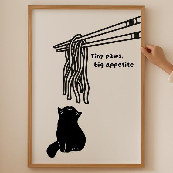 Cute Japanese Ramen Bowl Cat Poster Japandi Noodle Lover Wall Art Gift Trendy Chopstick Print For Asian Kitchen Room Decor