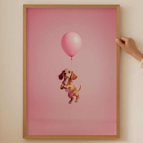 Cute Dachshund Puppy Floating Skyward With a Pink Balloon Art Poster