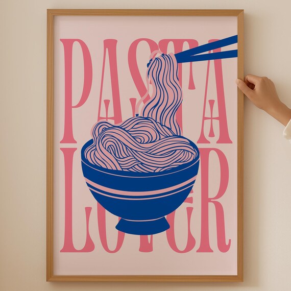 Pasta Lover Retro Noodle Bowl Pink Blue Italian Kitchen Art Print