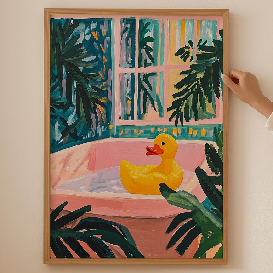Cheerful Rubber Duck in Pink Tub Painterly Tropical Bathroom Poster