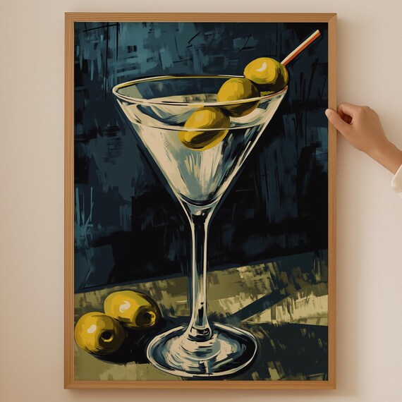Moody Martini Cocktail Olive Painting Dark Vintage Bar Wall Poster