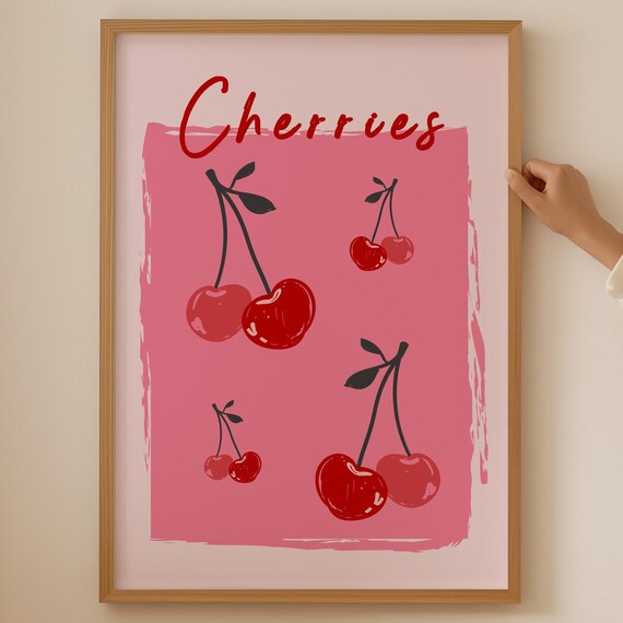 Cherries Pink Retro Vintage Cherry Fruit Kitchen Decor Poster