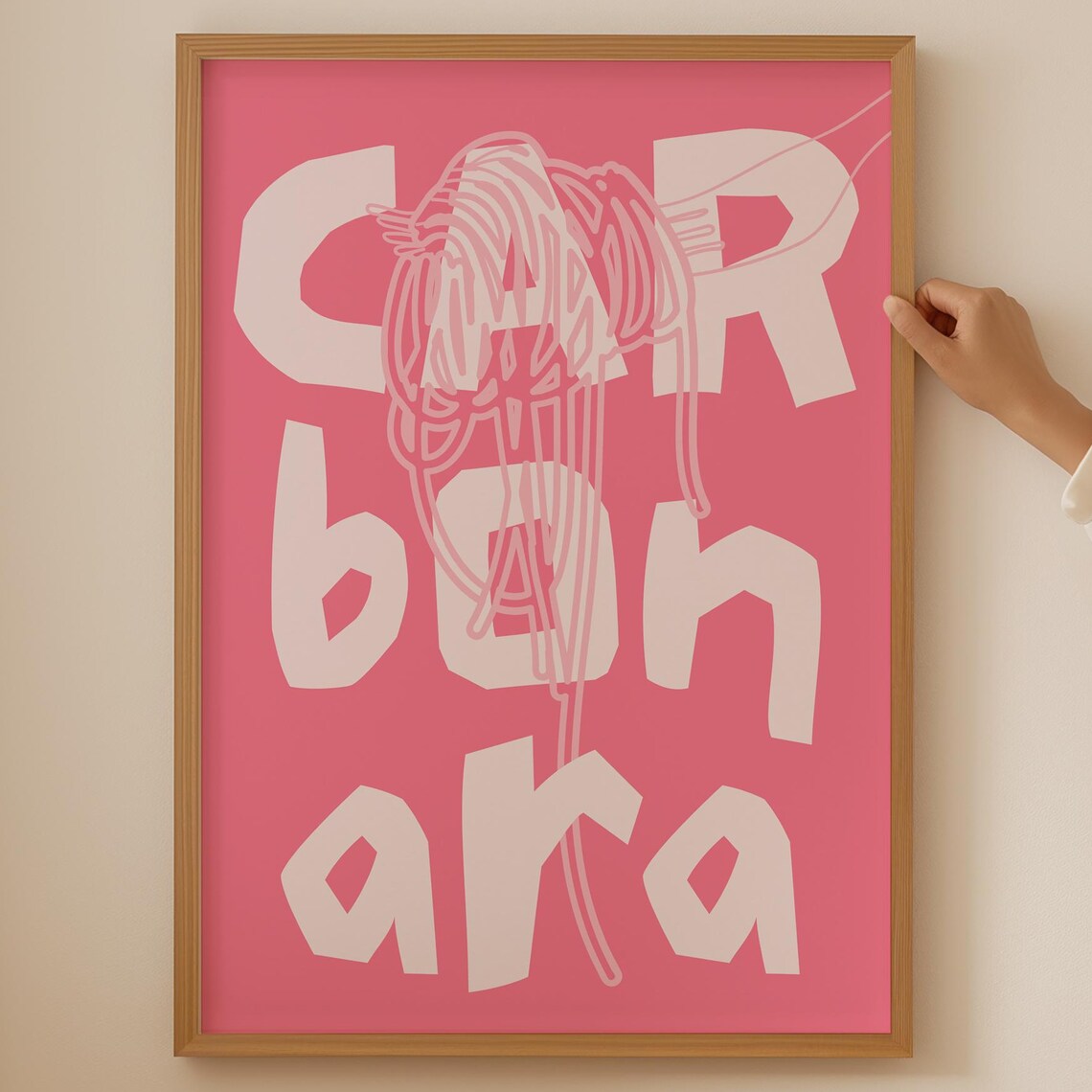 Pink Carbonara Spaghetti Line Art Playful Italian Food Poster