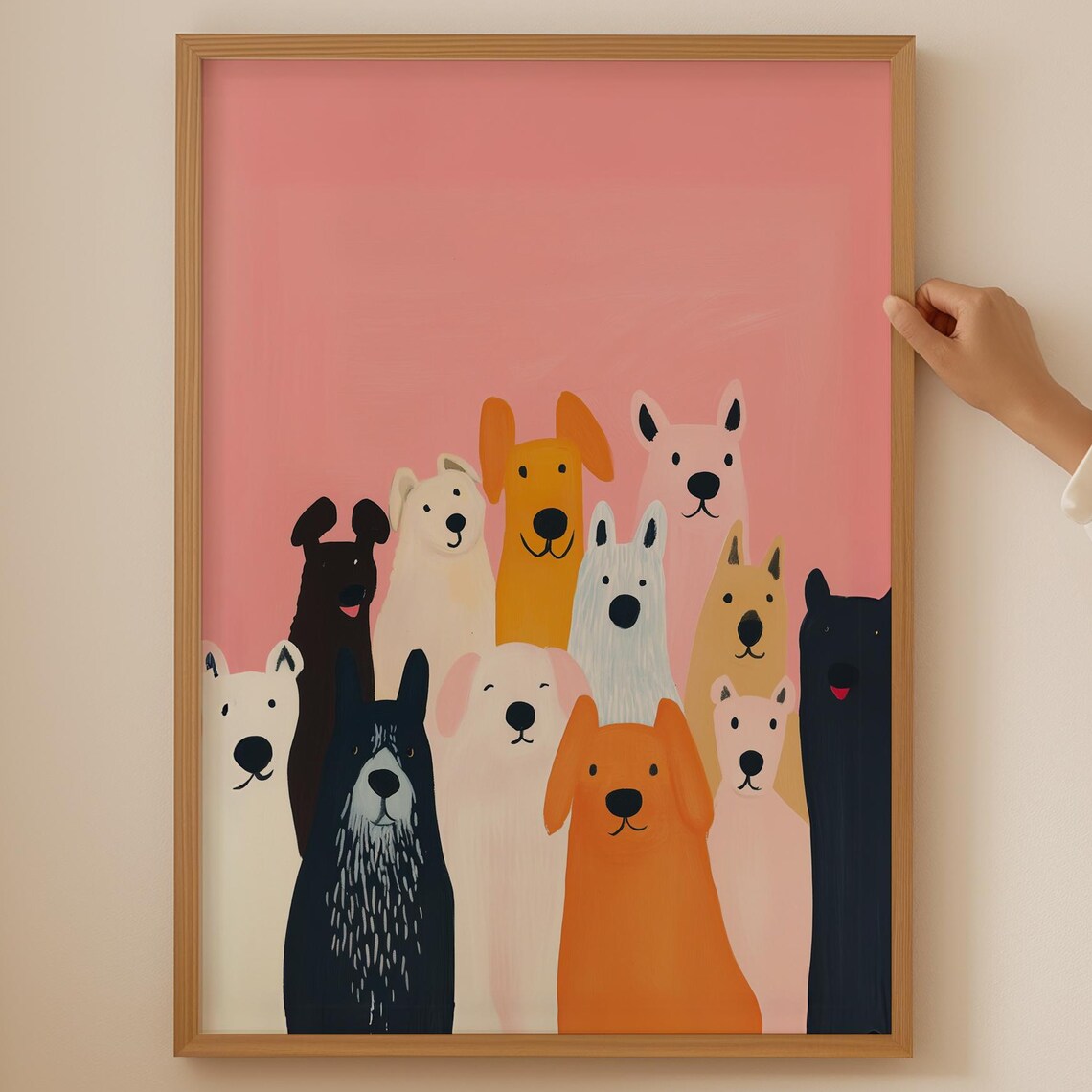 Happy Crowd of Cute Cartoon Dogs Smiling on a Pink Background Poster