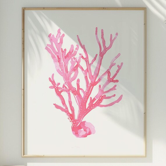 Coastal Coral Print Boho Beach House Decor Trendy Pink Ocean Wall Art Summer Nautical Prints Sea Poster Art