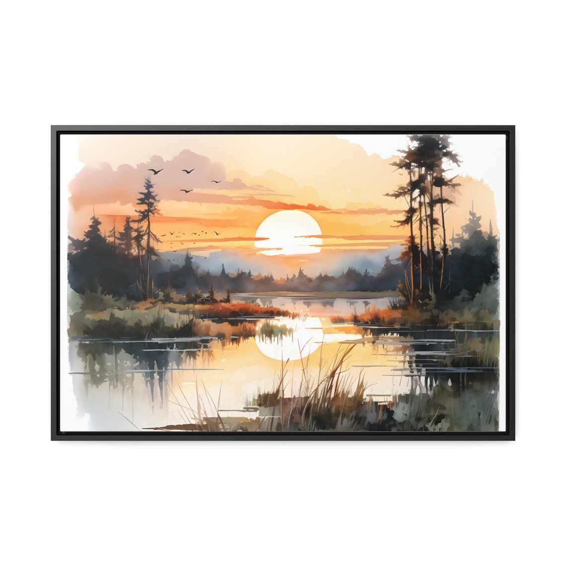 Watercolor Sunrise Over a Peaceful Wetland Pond With Pine Trees Poster - Image 2