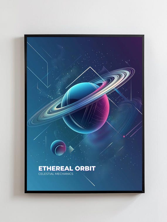 Ethereal Orbit Planet Poster Futuristic Space Wall Art Scifi Saturn Print Cosmic Illustration Modern Astronomy Decor