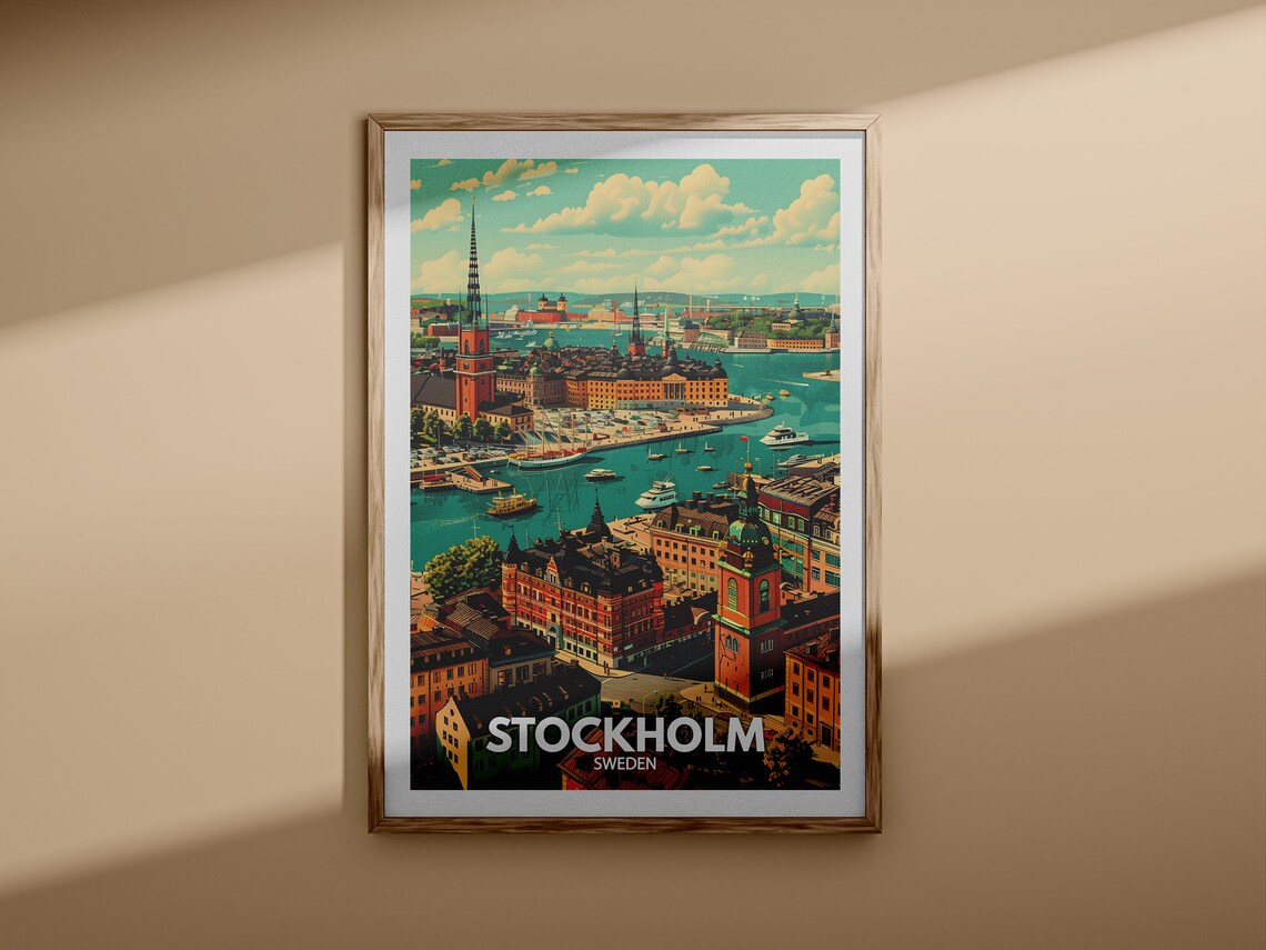 Stockholm Sweden Old Town Harbor Aerial View Vintage Travel Poster - Image 3