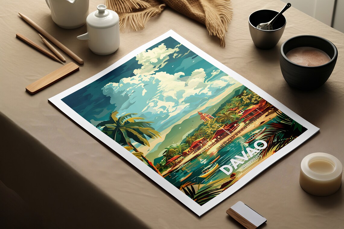 Davao Philippines Coastal Village Boats Palm Trees Travel Poster - Image 2