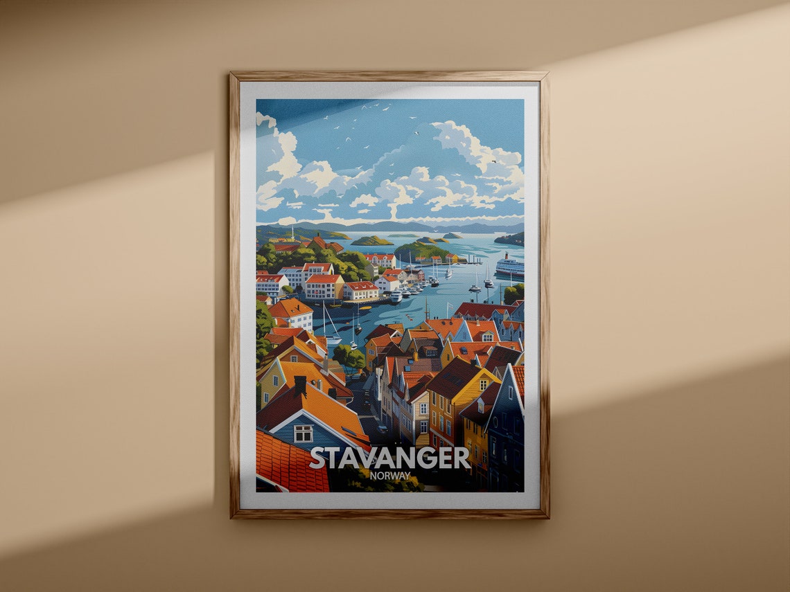 Stavanger Norway Old Town Harbour Red Roofs Vintage Travel Poster - Image 3