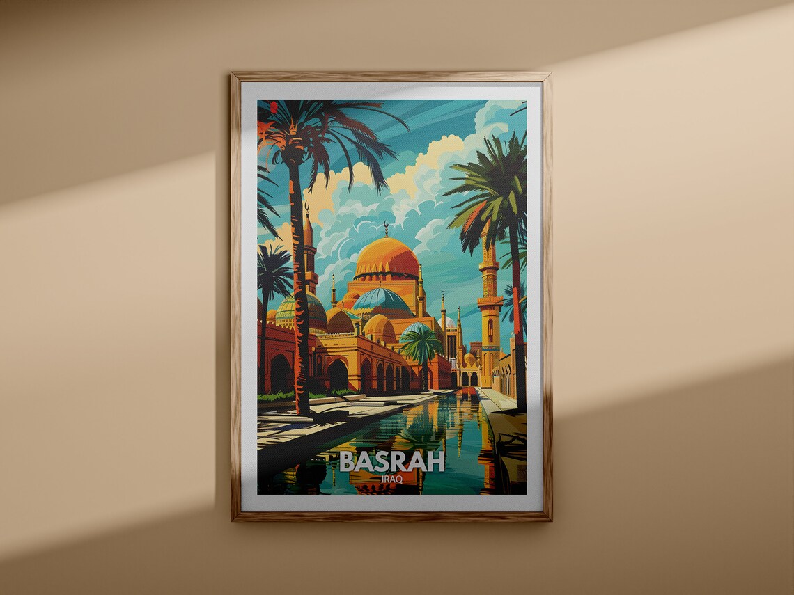 Basrah Iraq Golden Mosque Domes Palms Canal Vintage Travel Poster - Image 3