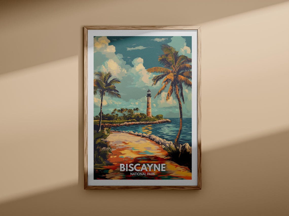 Biscayne National Park Florida Lighthouse Palm Trees Travel Poster - Image 3